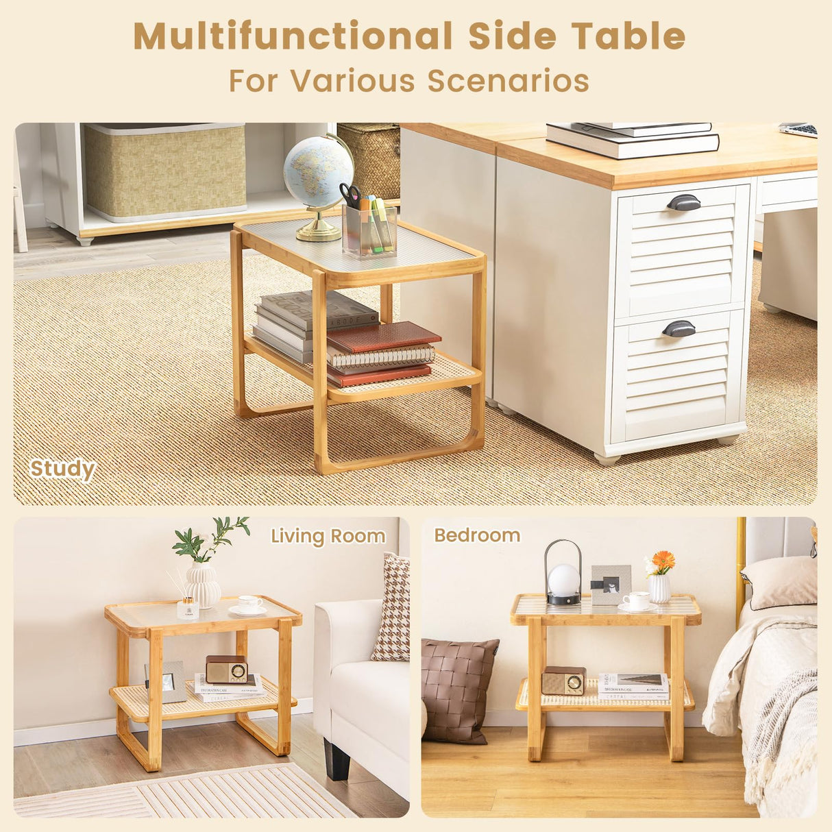 GOFLAME Bamboo Side Table with Glass Top, 2-Tier End Table with PE Rattan Storage Shelf, Home Sofa Side Table, Nightstand Bedside Table, Compact Coffee Table, Accent Table for Bedroom Living Room GOFLAME