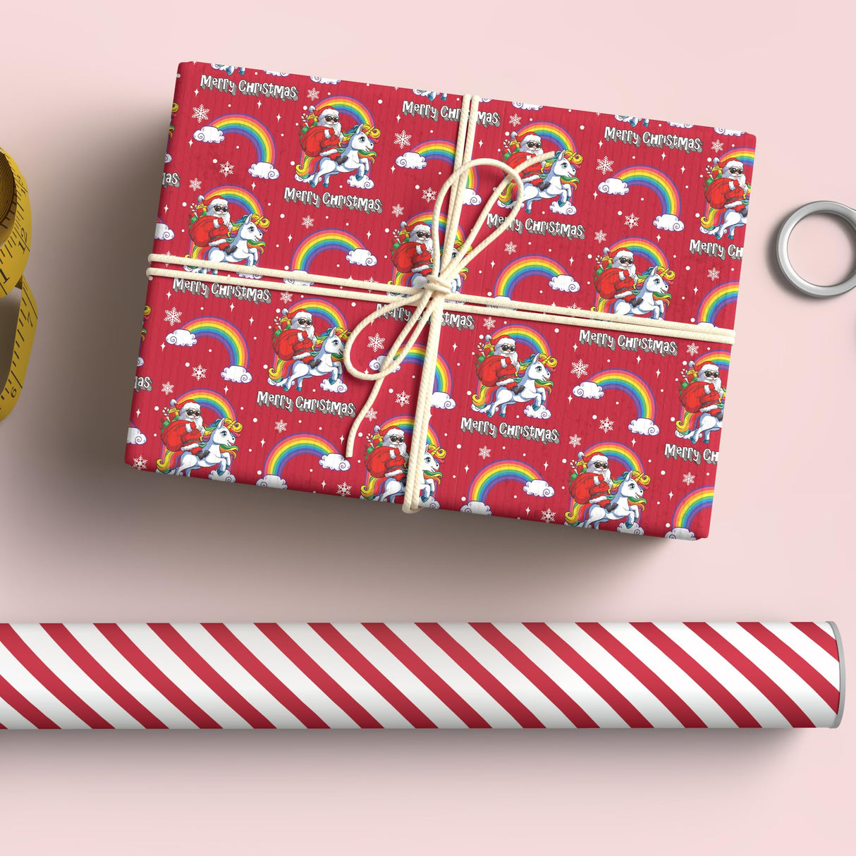 Vnaaem Reversible Christmas Wrapping Paper - Mini Roll - 17 Inches X 33 Feet - for Boys Girls Kids - Red Christmas Santa Unicorn Pattern Great for Holiday Birthday, Party, Baby Shower Vnaaem