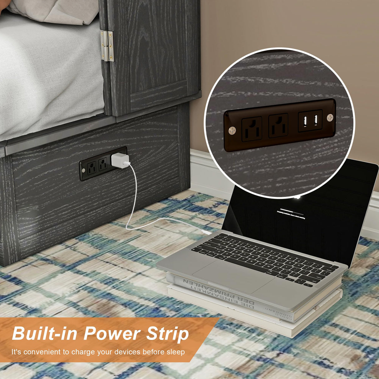 Solid Wood Murphy Bed Queen: Space Saving Retro Brown Black Murphy Bed Cabinet (Not Included Mattress) with USB Port, Solid Wood Wall Murphy Chest Queen with Large Drawer for Guest Room/Bedroom ClassyCabin