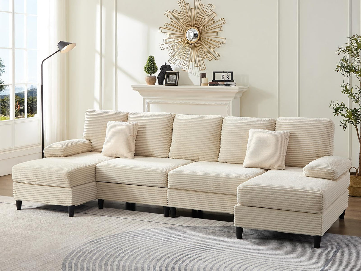 Mjkone 4 Seater Sectional Sofa Couches for Living Room Sets Furniture, 112" Width U-Shaped Corduroy Living Sofa Set with Double Chaises, Sleeper Couch Set with Pillows for Home, Loft, Apartment, Beige Mjkone