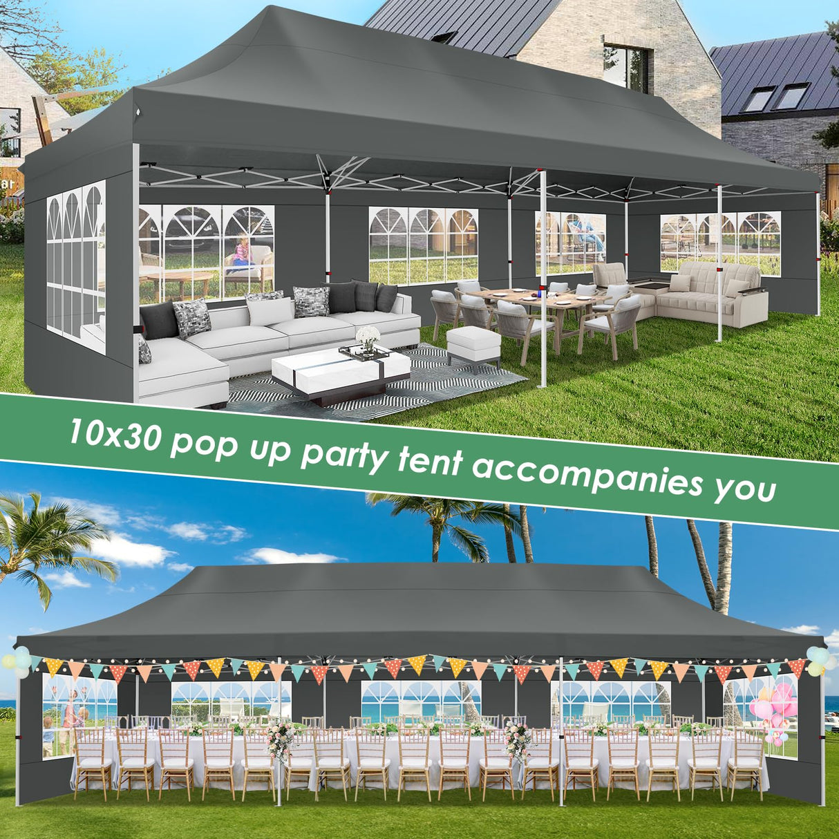 COBIZI Canopy Tent 10x30 Pop Up Canopy with 8 Removable Sidewalls Party Tents for Parties Wedding Patio Commercial Waterproof and UV50+ Ez Outdoor Instant Gazebo with Roller Bag & 4 Sandbags(Grey COBIZI
