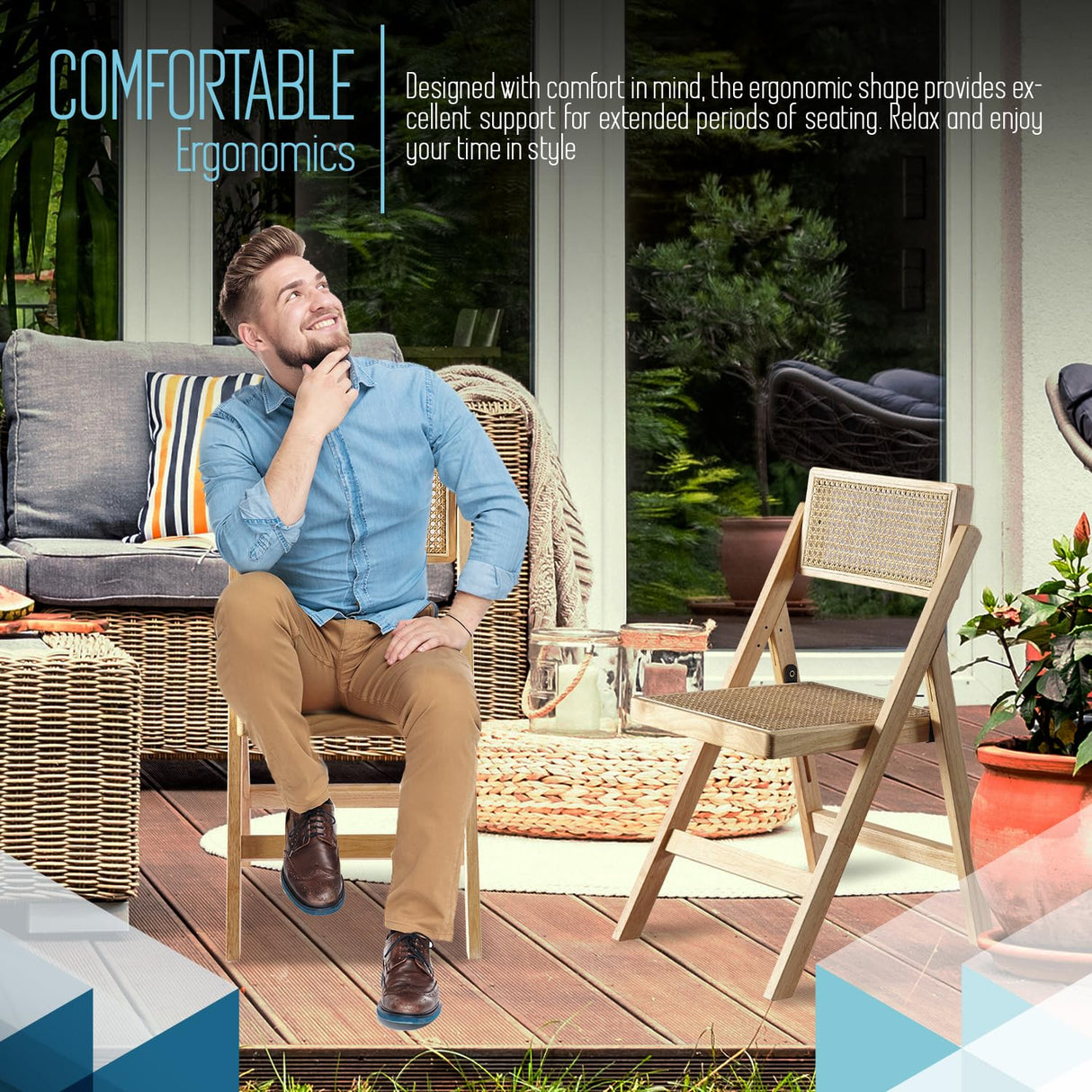 ISL Furnishings Ibiza Rattan Chair, Natural, Set of 2 – Modern Folding Rattan Chairs for Outdoor Dining, Patio, Accent Chair for Living Room and Office, Foldable Space-Saver Design ISL Furnishings