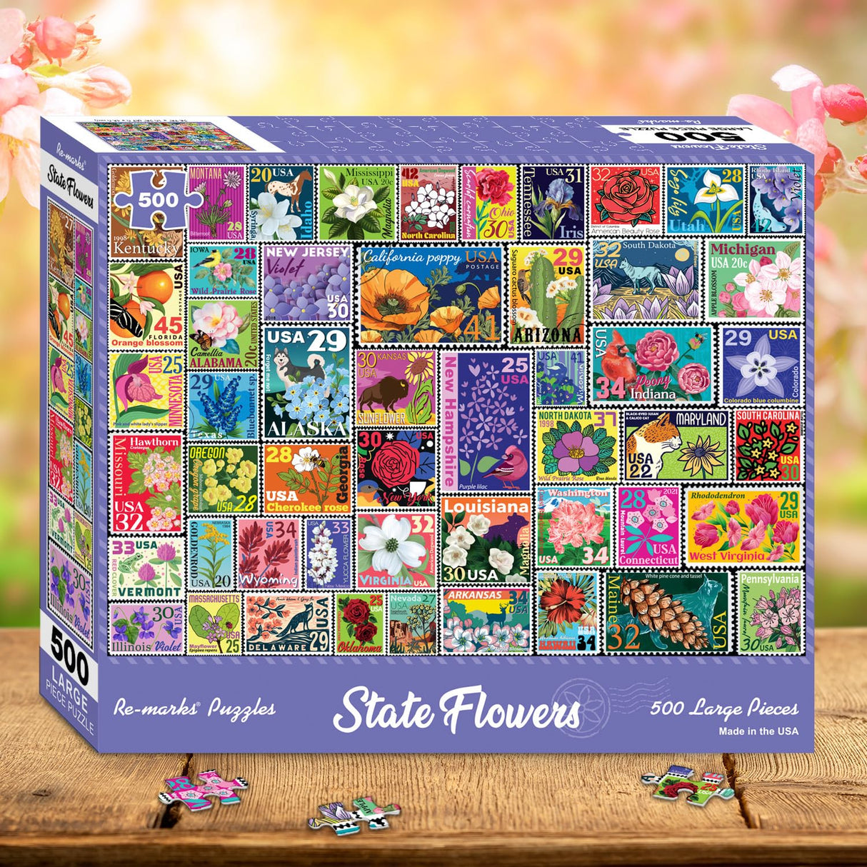 Re-marks State Flowers Stamp Collage Jigsaw Puzzle, 500 Large Piece Jigsaw Puzzle for All Ages Re-Marks