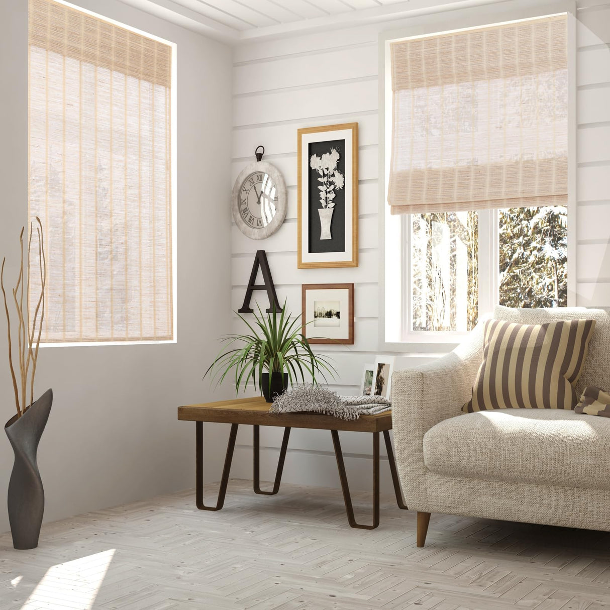 Artdix Bamboo Roman Shades, Natural Reef Cordless Custom Blackout Woven Wood Shades, Edge Binding Bamboo Window Shades for Indoor Windows Artdix