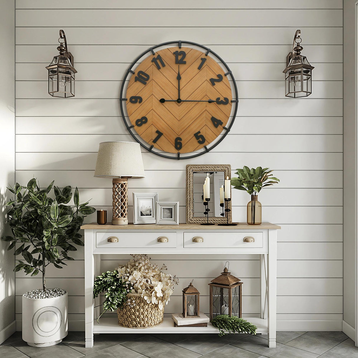 Micasso Large Farmhouse Wall Clock: 27 Inch Rustic Antique Wood Silent Battery Operated Clock with Metal Circle and Large Numerals for Living Room/Bedroom/Office Micasso
