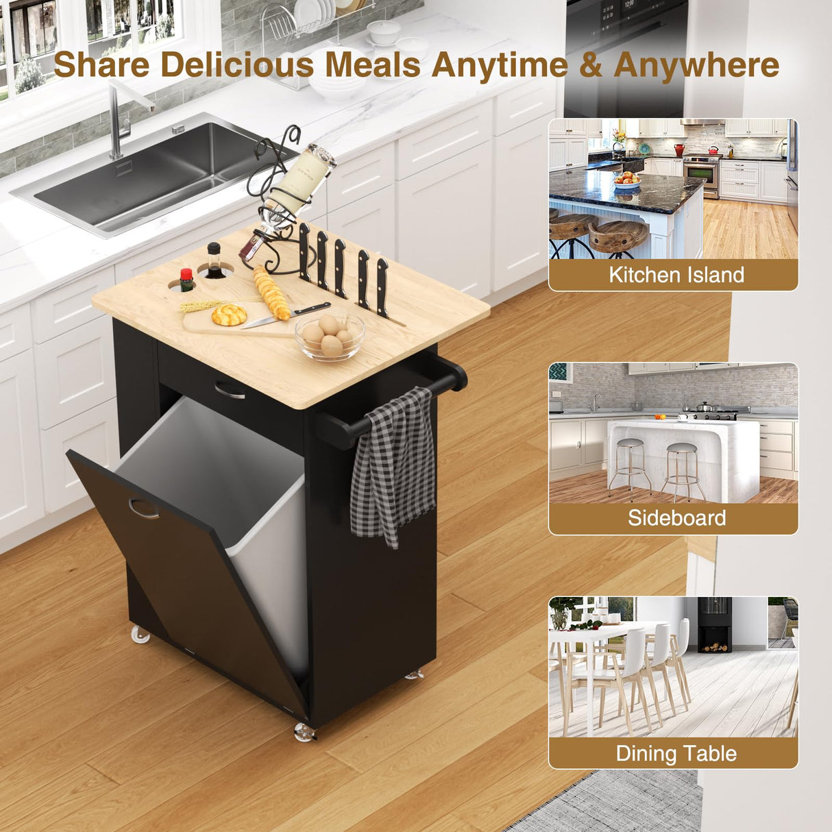 Rolling Mobile Kitchen Island with Drop Leaf, Portable Cart with Rubberwood Top, Spice Rack, and Drawers for Dining Room, Trash Cabinet Tilt Out 10 Gallon Storage, Black Vabches