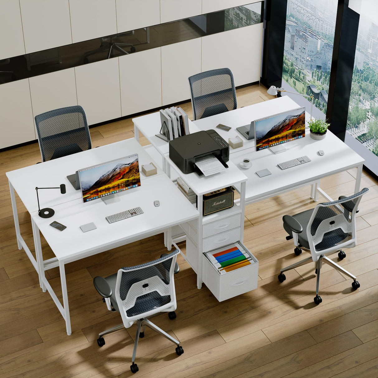 GYIIYUO 94'' Two Person Desk with Charging Station, Long Desk with 3 Fabric Drawers and Printer Shelf, Double Computer Desk, 2 Person Writing Study Table Workstation for Home Office, White GYIIYUO