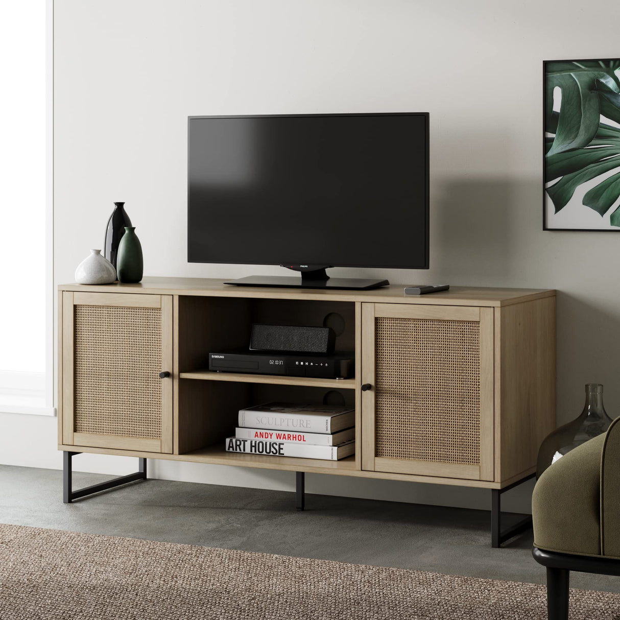 Nathan James 74101 Mina Modern TV Stand, Entertainment Cabinet, Media Console with a Natural Oak Wood Finish and Matte Black Accents with Storage Doors for Living Room or Media Room, Oak/Black Nathan James
