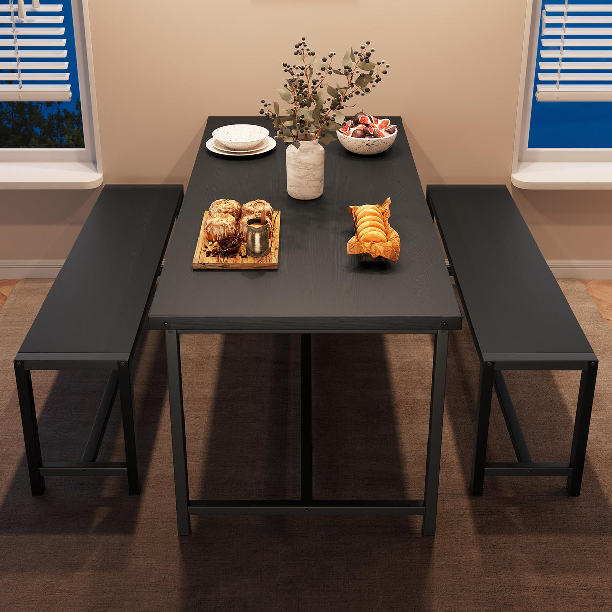 IDEALHOUSE Dining Table Set for 4, Kitchen Table with Benches, Rectangular Dining Room Table Set with 2 Metal Wood Benches, 3 Piece Dining Table Set for Small Space, Apartment, Dinette, Retro Black IDEALHOUSE