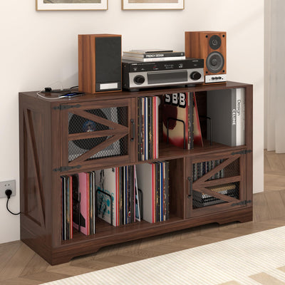 VAXZOFI Large Record Player Stand with Vinyl Storage, 500+ Vinyl Record Storage Cabinet, 47 Inch Record Player Table with Power Outlet, Farmhouse Wooden Turntable Stand for Living Room, Walnut