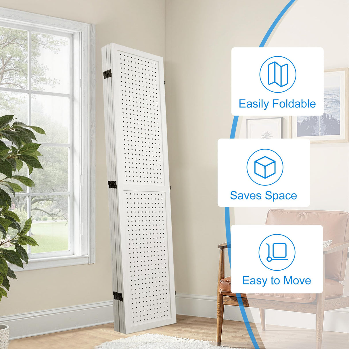 Grungis 6 Panel Room Divider with Pegboard Display 5.6FT Wood PegBoard Room Dividers, Folding Privacy Screens Portable Freestanding Partition Wall Divider for Art Shows & Room Separation, White Grungis