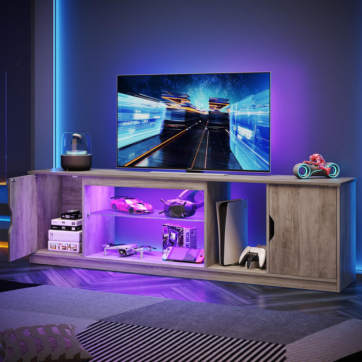 Bestier Led Entertainment Center for PS5, Gaming TV Stand with Cabinet for 60/65 Inch TV, Modern TV Console with Adjustable Glass Shelf for Living Room Easy Assembly (Washed Gray, 70 Inch) Bestier