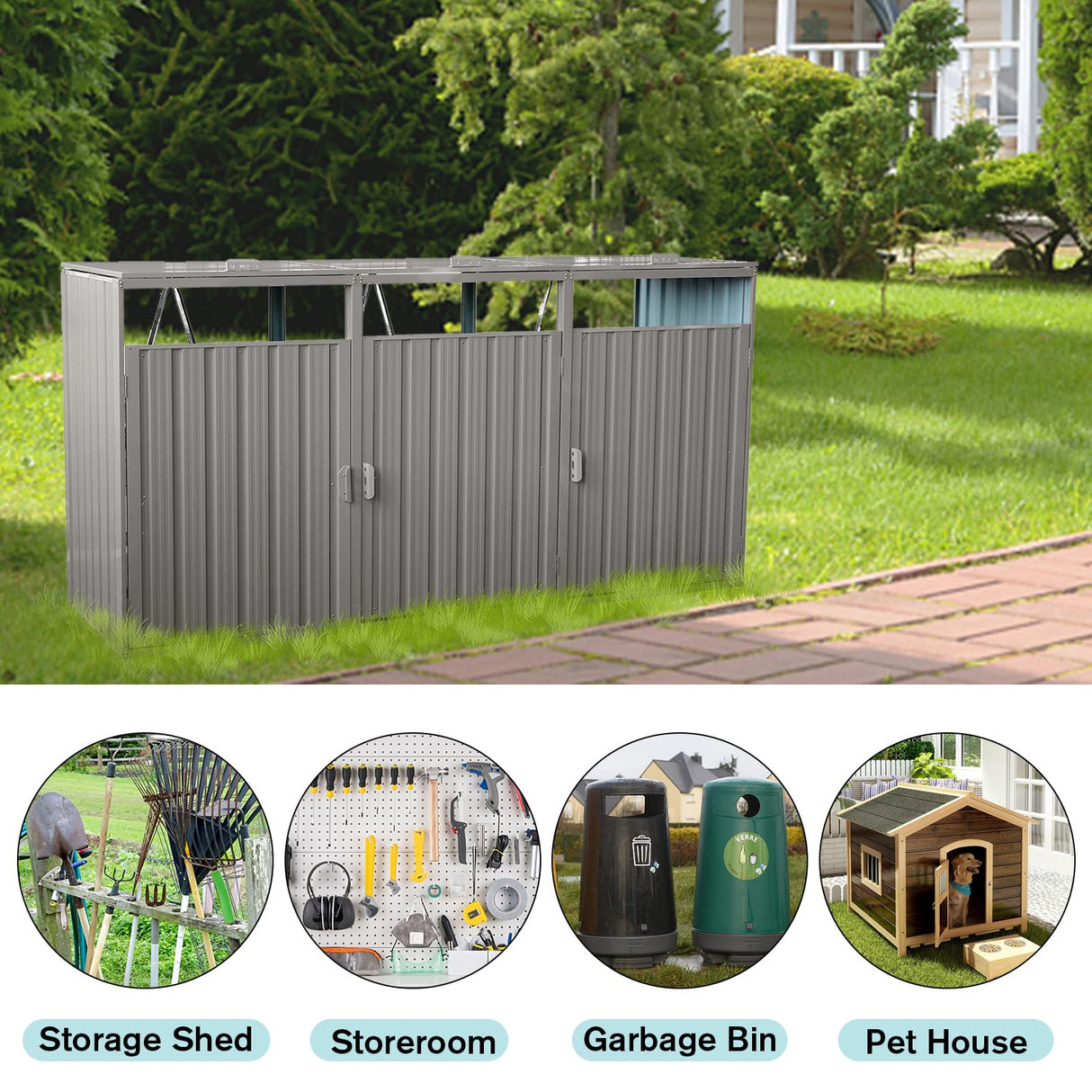 Outdoor Trash Can Storage,Metal Storage Shed,Outdoor Storage Shed for Garbage Cans, Garden Accessories, Backyard, and Patio Use, Lockable, Light Grey Zjjseloru