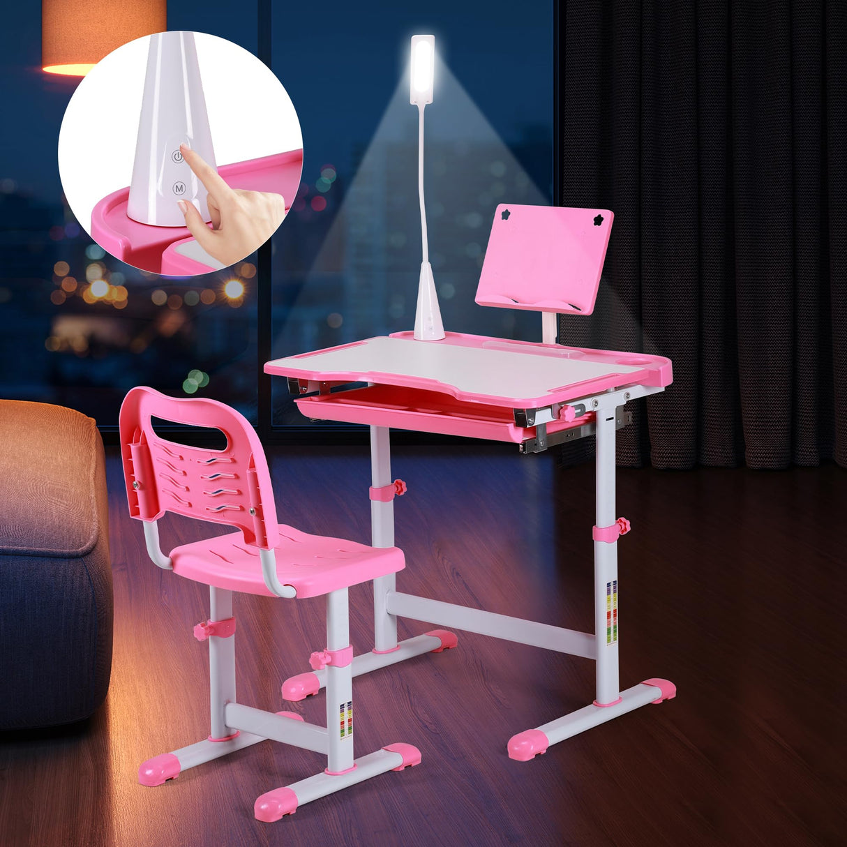 UNICOO Kids Study Table and Chair Set, Height Adjustable Kids Art Desk, Ergonomic Study Desk for Kids, with Premium Quality LED Lamp, Tilt Desktop, Pull Out Drawer Storage (Pink) UNICOO