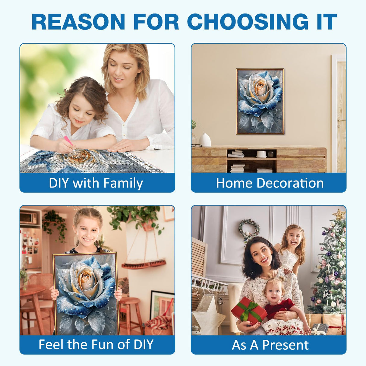 MEIYUDA Rose Diamond Painting Kits for Adults, 5D Blue Flowers Diamond Art Kits for Beginners, Floral DIY Gem Art Crystal Painting for Home Wall Decor Gift 12x16in MEIYUDA