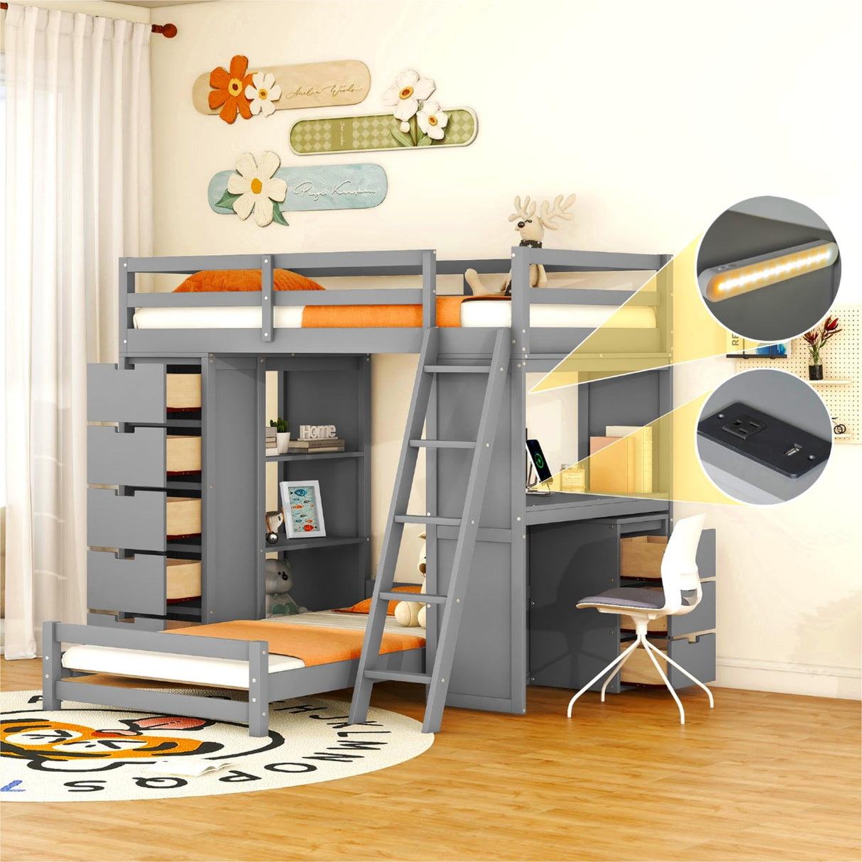 CKLMMC Twin Over Twin Bunk Bed with LED Light, USB Ports, Desks, Bookshelves, and 5 Drawers in Gray CKLMMC