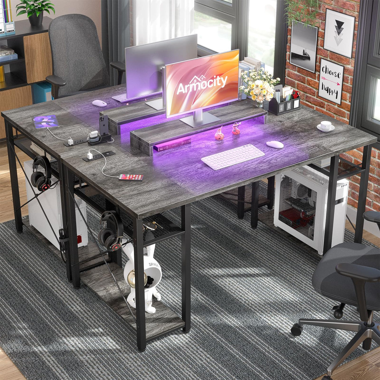 armocity Computer Desk with LED Lights, 55 Inch Desk with Power Outlet and USB, Reversible Large Desk with Moveable Monitor Stand, 55.2'' Gaming PC Table for Home Office, Workstation, Grey armocity
