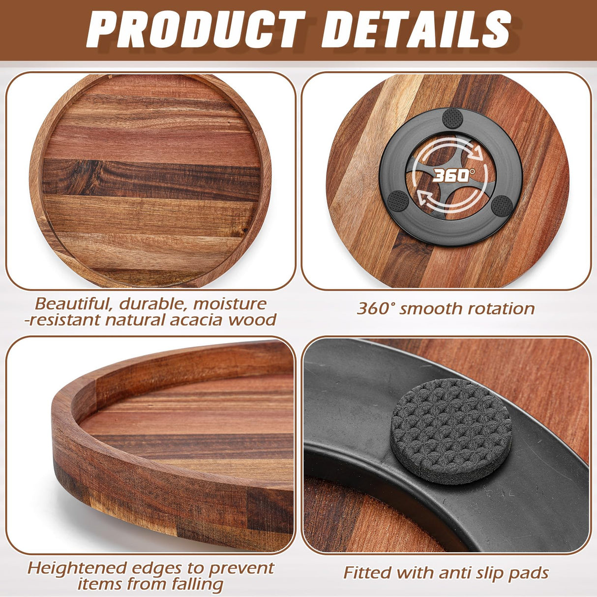 Nitial 12'' Acacia Wood Lazy Susan Organizer Wooden Rotating Turntable Organizer Kitchen Organizer Turntable for Dining Table Countertop Kitchen Cabinet Pantry Storage Nitial