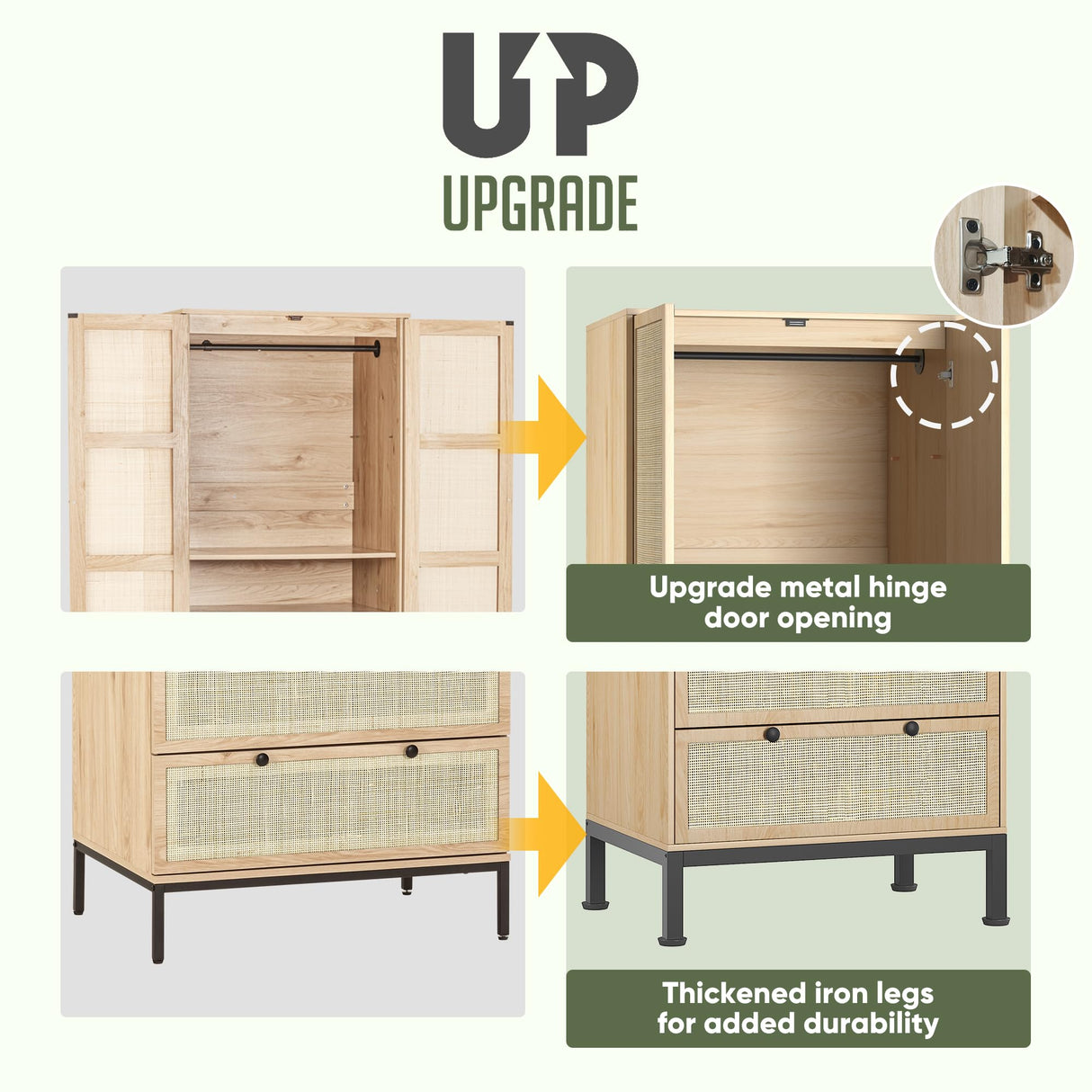 Yechen Natural Rattan Armoire Storage Cabinet, 74" Tall Armoire Closet with Doors, Adjustable Shelves and Drawers, Large Wooden Armoire Wardrobe with 2 Hanging Rods for Bedroom Utility Pantry Yechen