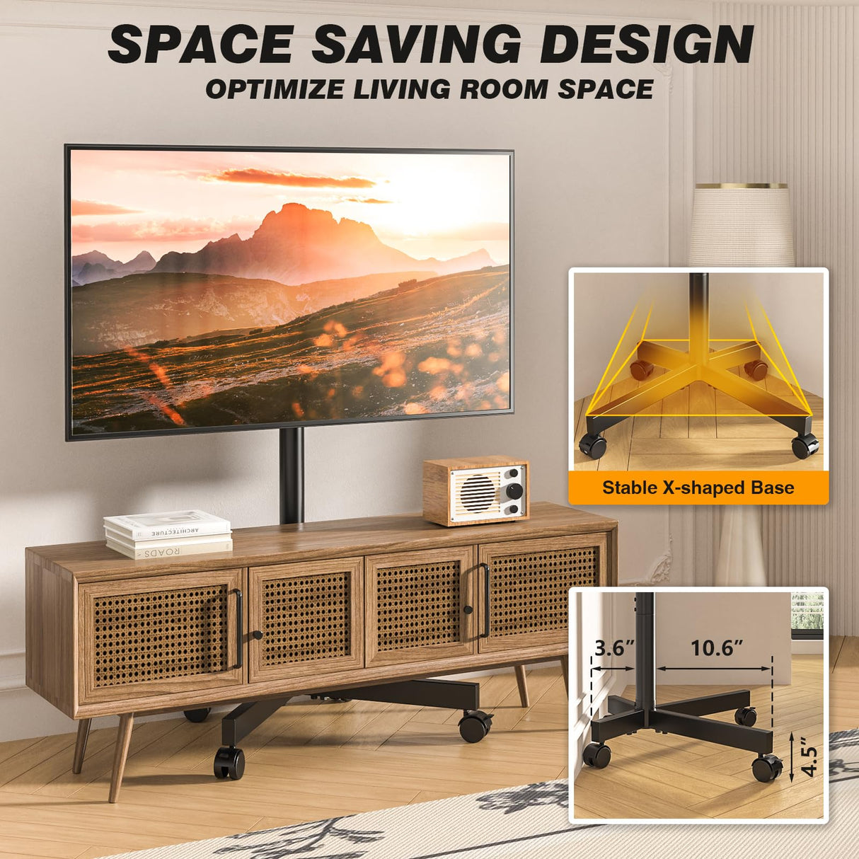 5Rcom Rolling TV Stand, Movable TV Stand with Apple TV/Roku Ultra Mount for 23-60 Inch TVs, Tilt/Height Adjustable Mobile TV Cart with Wheels Holds up to 88 lbs for Home Office, MAX VESA 400x400mm 5Rcom