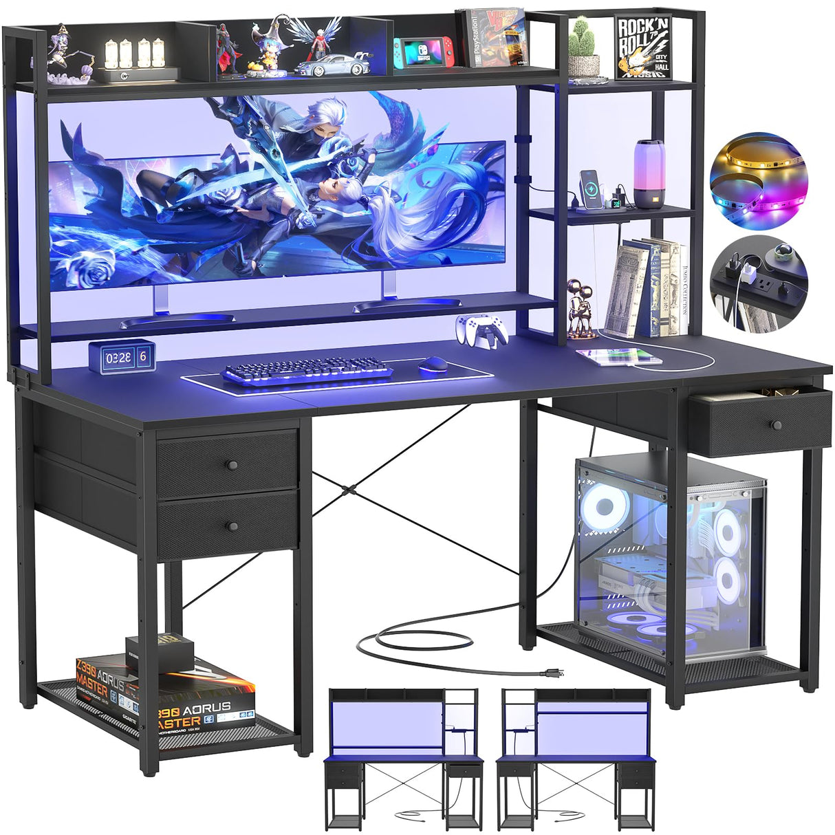 Aheaplus 55.2'' Gaming Desk with LED Lights, Power Outlets, Hutch & Drawers in Black Aheaplus
