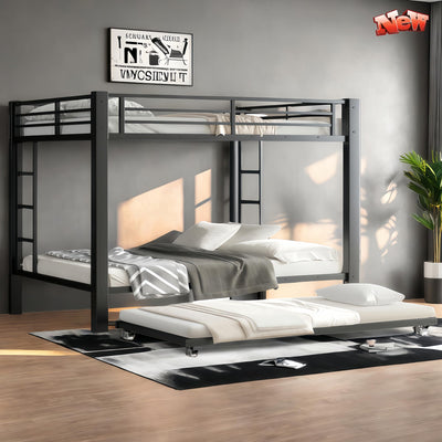 ZMIZAKOY Metal Queen Over Queen Bunk Bed Size with Trundle for Adults & Teens, Heavy Duty Bunk Beds with 2 Ladder and Full-Length Guardrails and Sturdy Slats, Noise Free, No Box Spring Needed (Black)