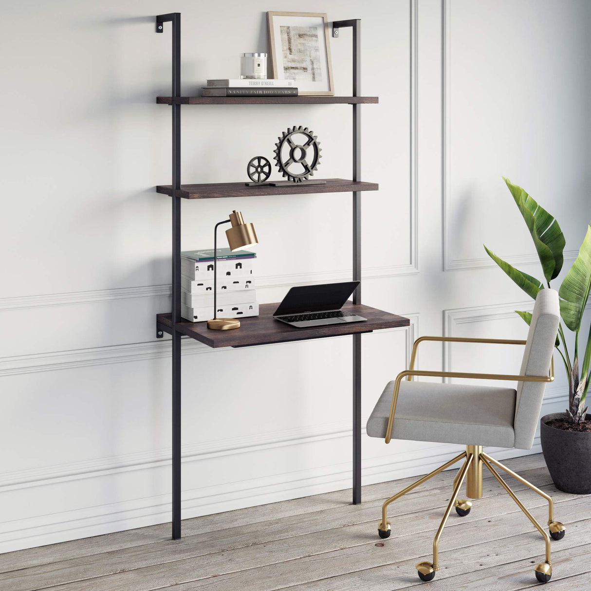 Nathan James Theo 2-Shelf Industrial Wall Mount Ladder Table, Small Computer or Writing Desk, Nutmeg/Matte Black Nathan James