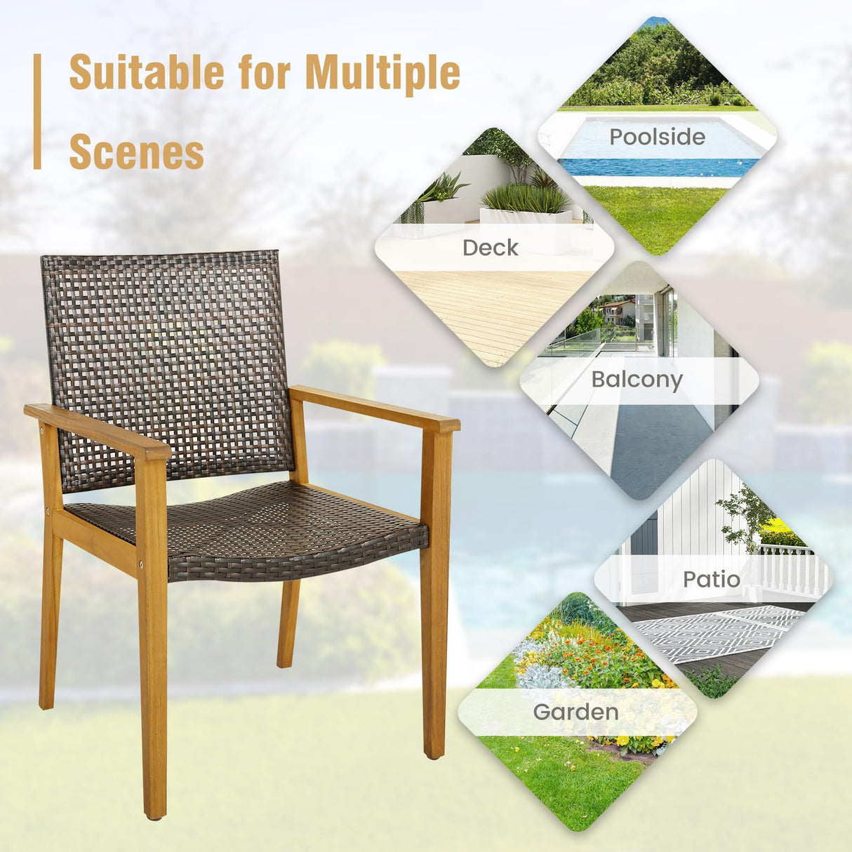 Tangkula Patio Dining Chairs Set of 4, Outdoor Acacia Wood & PE Wicker Chairs with Armrests, Outdoor Rattan Armchairs for Garden, Backyard, Poolside, Balcony (Mix Brown) Tangkula