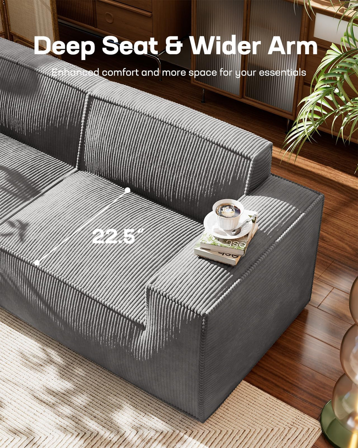 Marsail 111" L-Shape Sofa, Modular Cloud Couches with Deep Seats & High-Back, Corduroy Sectional Sofa for Living Room Bedroom with Ottoman, No Assembly Required, Grey Marsail