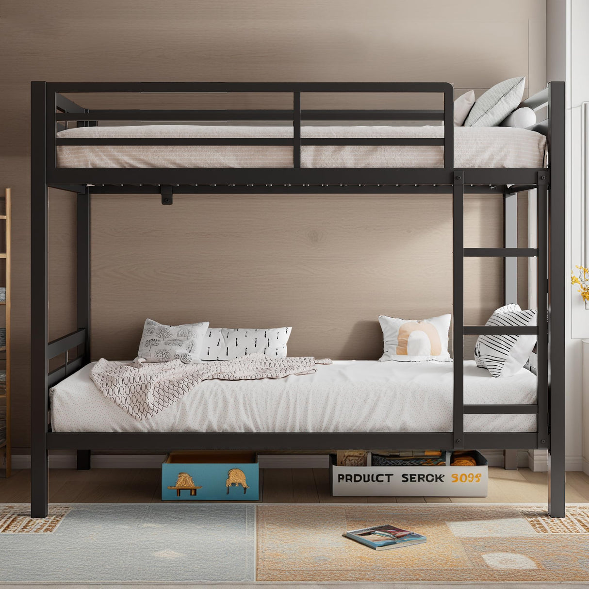 nesture. Bunk Bed Twin Over Twin, Heavy Duty Metal Bunkbeds with Full-Length Guardrail, Space-Saving Steel Bed for Kids & Adults, No Box Spring Required, Black nesture.