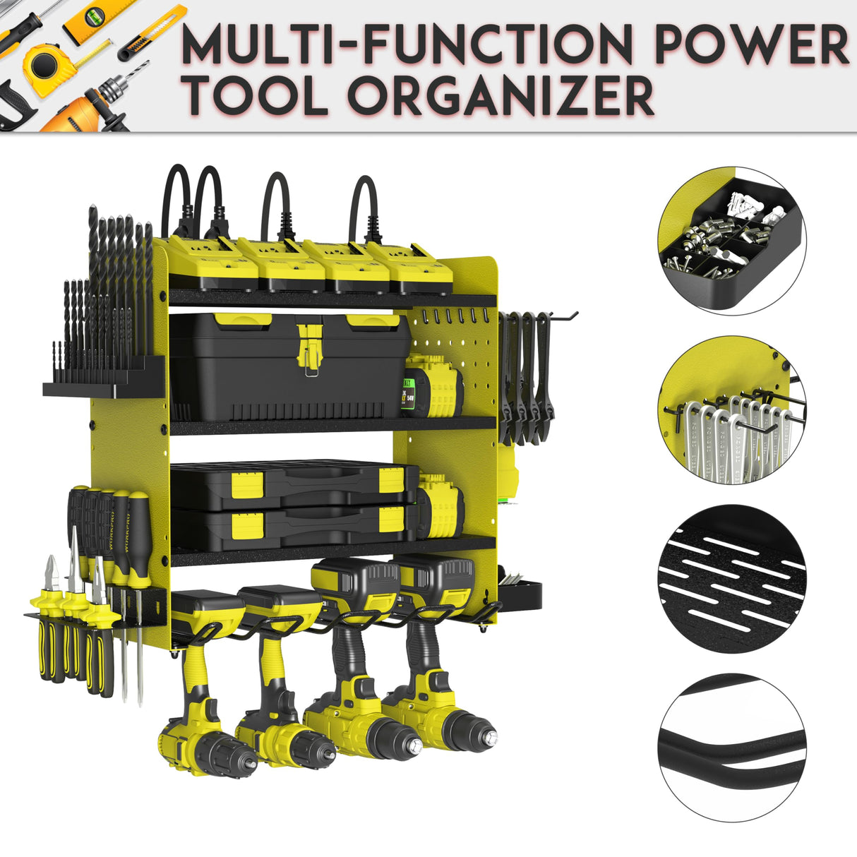 ZEAKOC Power Tool Organizer with Charging Station, 4 Layers Drill Holder Wall Mount,Metal Garage Rack with 10A Power Strip,Tool Shelves with Hooks,Drill Bit Storage, for Men Dad (Green&Black) ZEAKOC