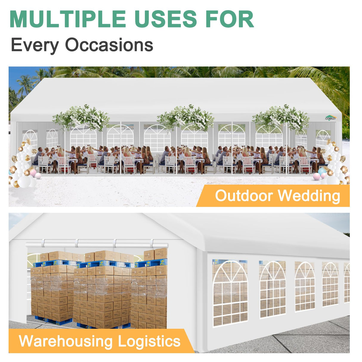 COBIZI 20x40ft Party Tent Heavy Duty, Wedding Tent, Event Tent for Parties, Carpas Para Fiestas with 8 Removable Sidewalls, 20x40 Tent with Built-in Sandbag, UV50+, Big Tent for Party, Carport, White COBIZI