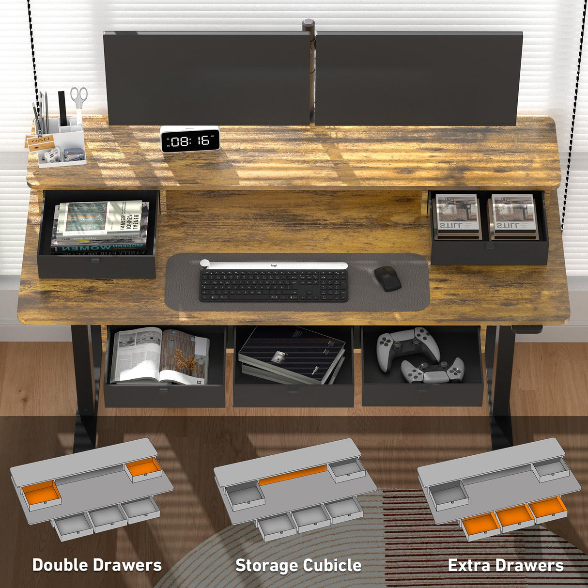 XINYAO Electric Standing Desk with 5 Drawers, Height Adjustable Desk 63 x 30 Inches Stand Up Desk, Ergonomic Desk with Wider Larger Desktop,Double Beam Standing Office Computer Desk (Rustic Brown) XINYAO