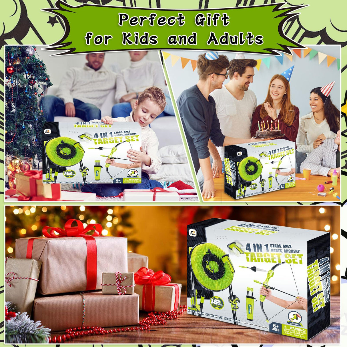 Hitish 4 in 1 Axe Throwing Target Set for Backyard Kids Adults, Includes Bristle Target, Bow & 5 Arrow, 3 Throwing Axes, 3 Ninja Stars, 6 Darts, Safe Plastic for Indoor & Outdoor Hitish