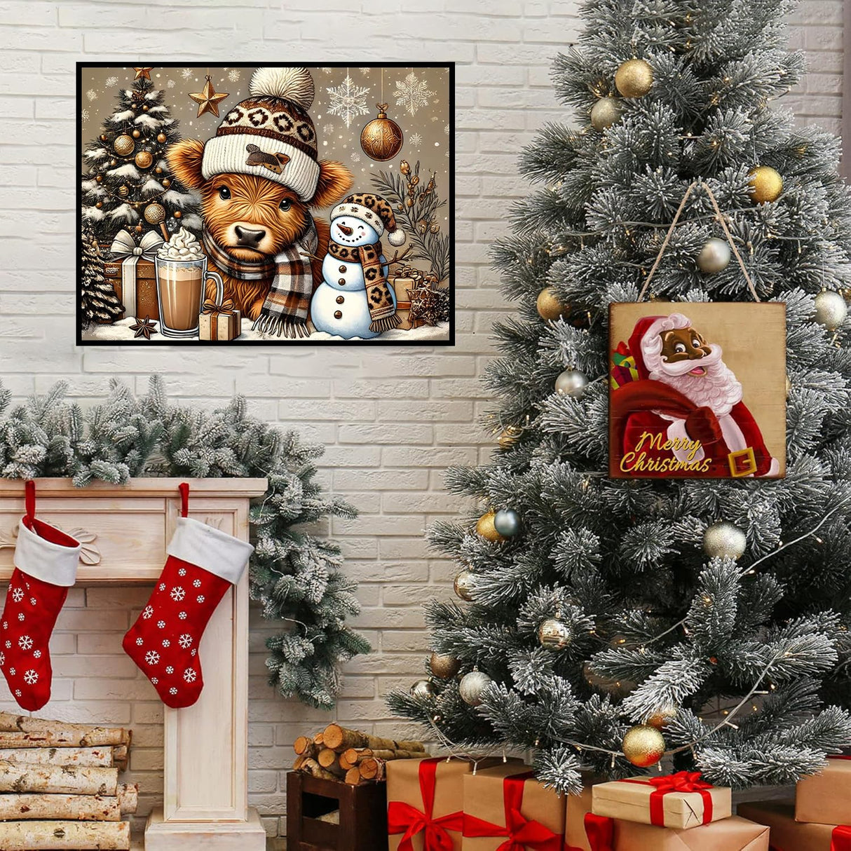 Christmas Diamond Art Kits for Adults - Highland Cow Diamond Painting Kits for Adults, 5D Round Full Drill DIY Winter Gem Art Paint by Diamonds 16x12 inch Axquilon