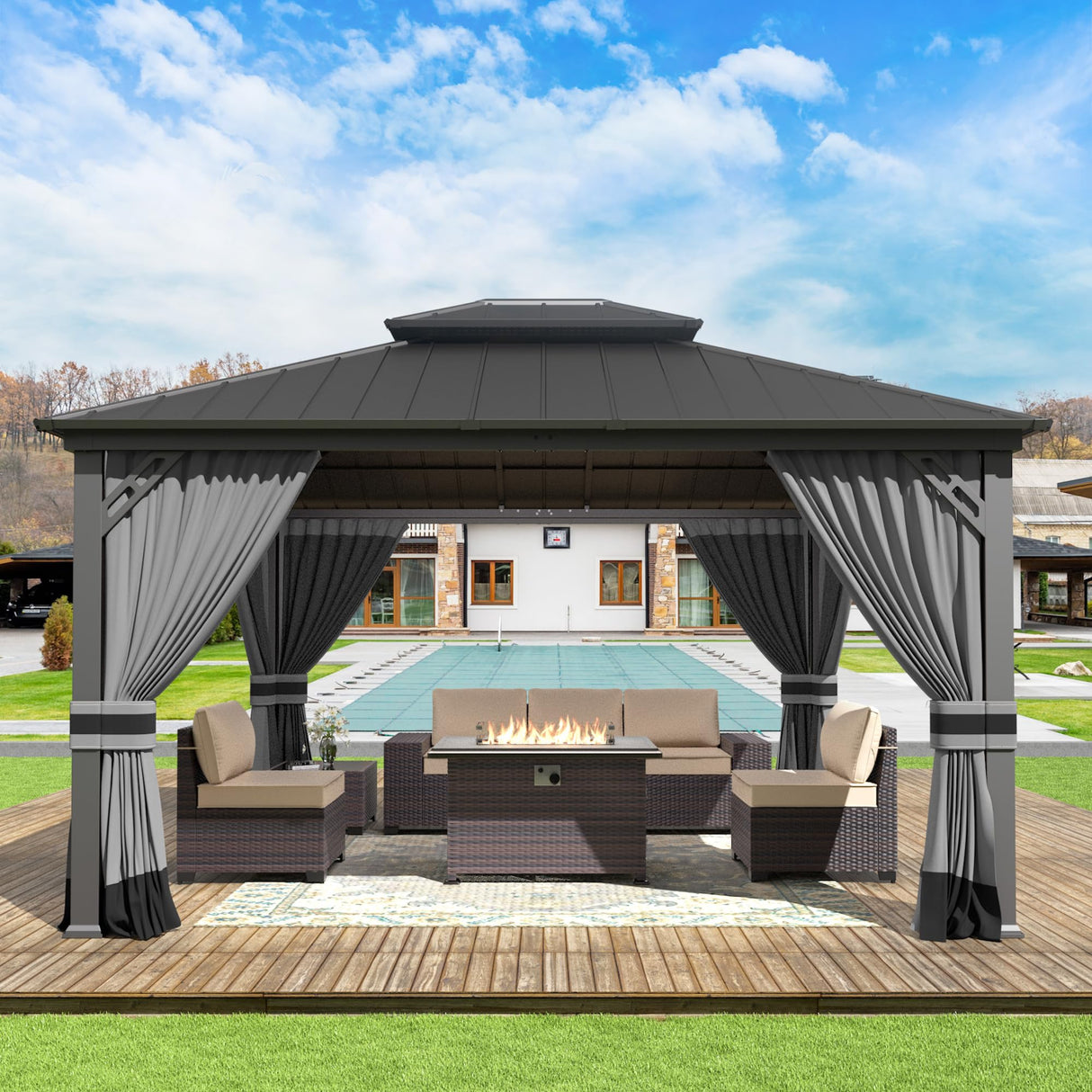 Gotland 12' x 14' Grey Hardtop Gazebo with Curtains and Netting, Double Roof Iron Metal Pergola for Patio, Garden, Lawn Gotland