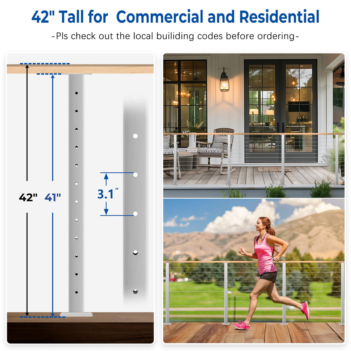 Gyykzz 4 Pack Cable Railing Post 42" (Post 41"x2"x2"), Fixed Top Mount Level Drilled Railing Post with Cable Sleeves, Stainless Steel Level Line Post Handrail Post, Brushed Finish Flat Top Deck Post Gyykzz