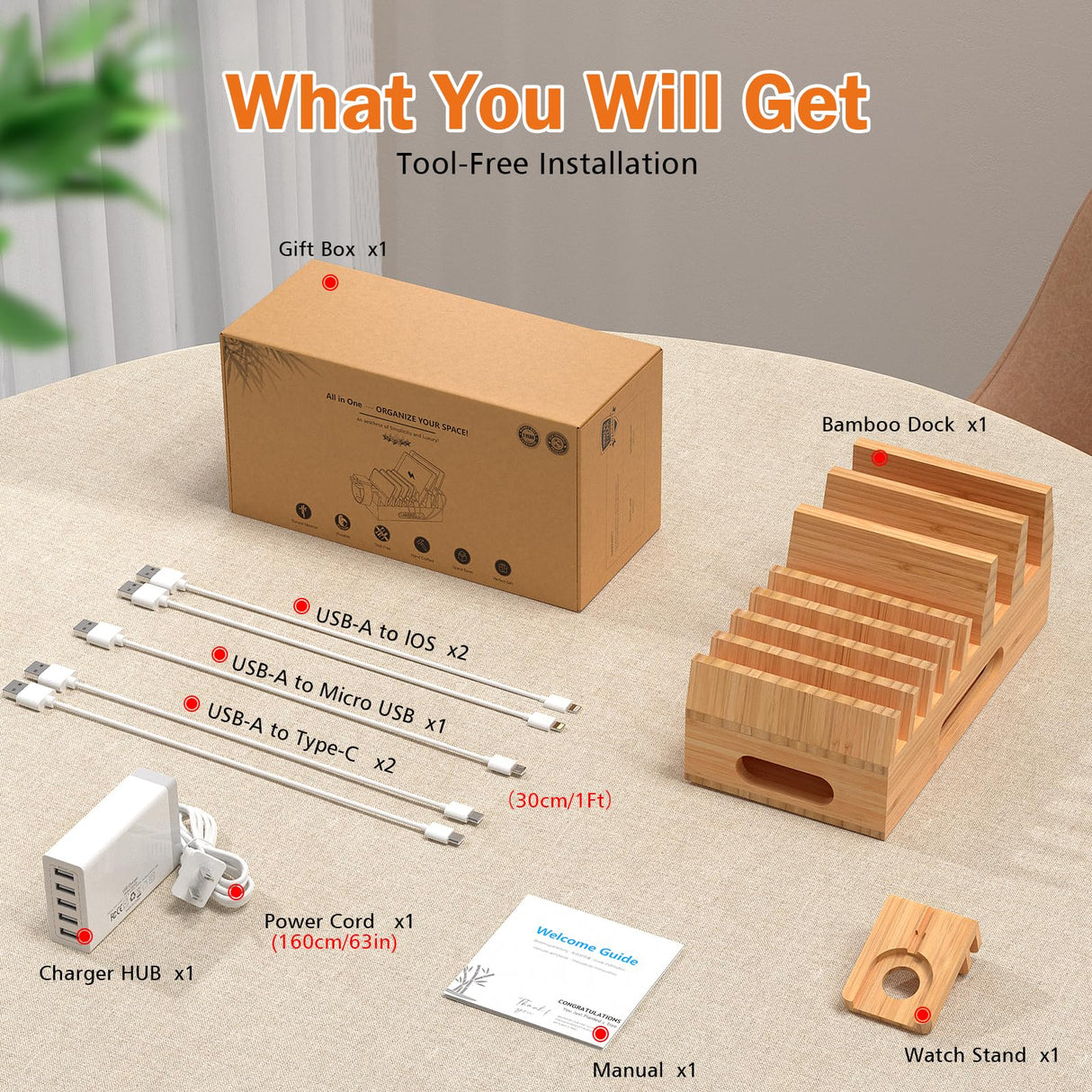 Pezin & Hulin Bamboo Charging Station Holder with 5 Port USB Charger, 5 x Charge Cables, Watch Stand, Wood Docking Stand Electronic Organizer for Multiple Devices, Phones, Tablets and More Pezin & Hulin