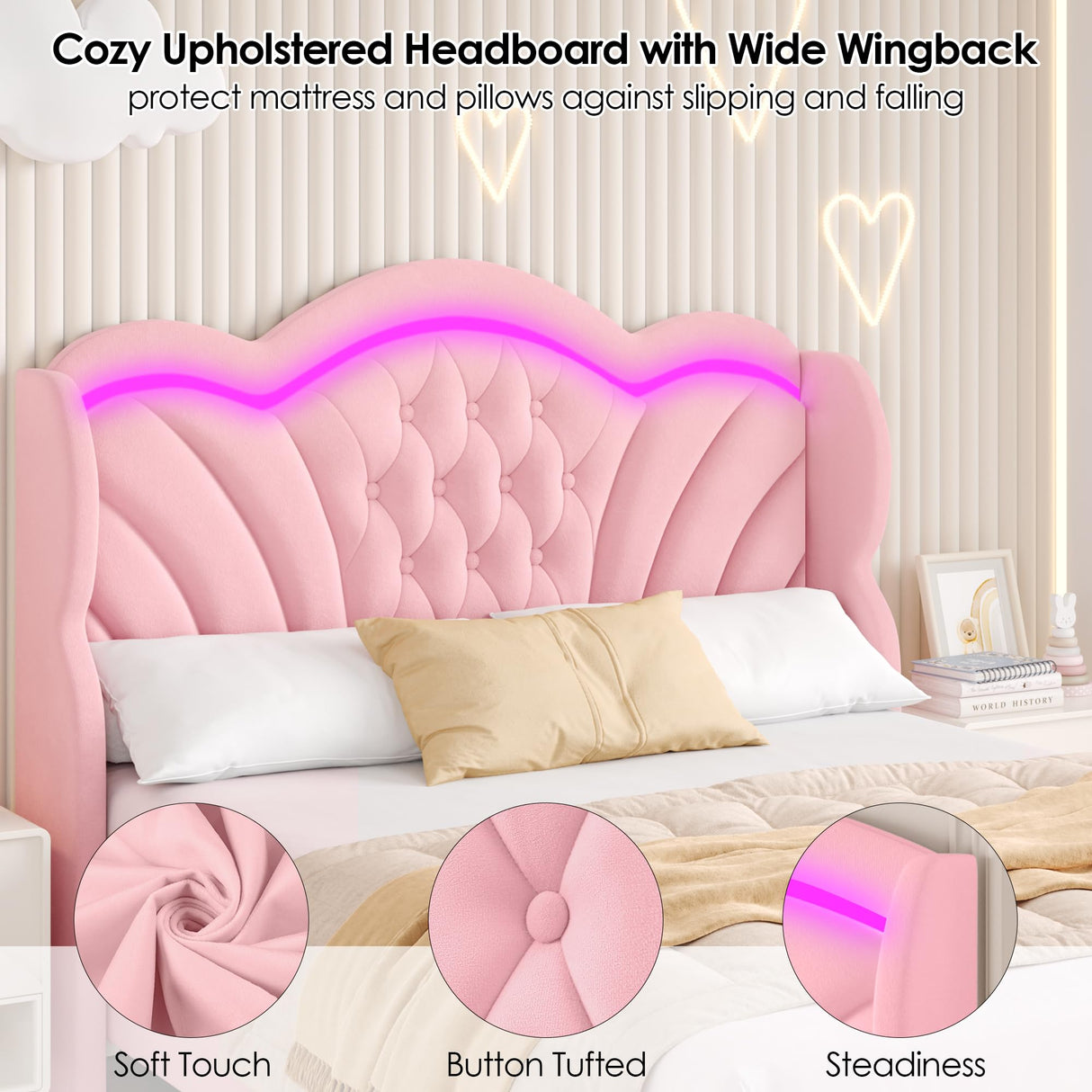 Keyluv Queen Bed Frame Arc-Shaped LED Lights and 47.2" Height Wingback Bed, Button Tufted Headboard and Footboard with Storage Drawer, Velvet Upholstered Platform Bed Frame No Box Spring Needed, Pink Keyluv