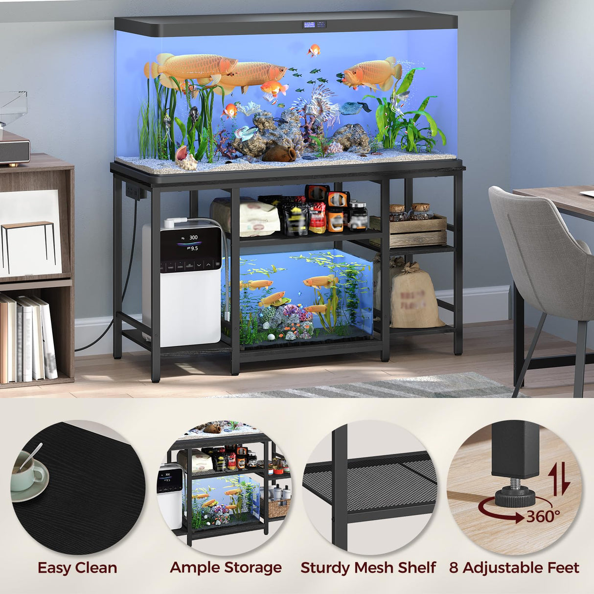 MAHANCRIS 55-75 Gallon Fish Tank Stand with Power Outlet, 3-Tier Metal Frame Aquarium Stand, Heavy Duty Reptile Terrarium Tank Stand, 52.0" L x 19.7" W x 29.9" H, 800 LBS Capacity, Black FTBK55E01 MAHANCRIS
