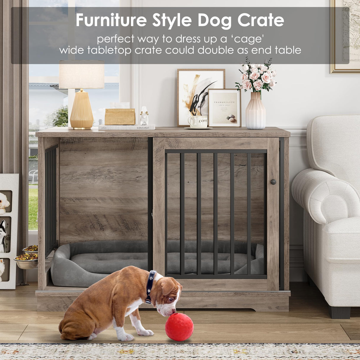 Dog Crate Furniture 47” Large Dog Kennel for Dogs Indoor, Heavy Duty Dog Cage with Sliding Door and 2 SUS Bowls Wooden End Table in Living Room for Small Medium Large Dogs, Rustic TTVIEW