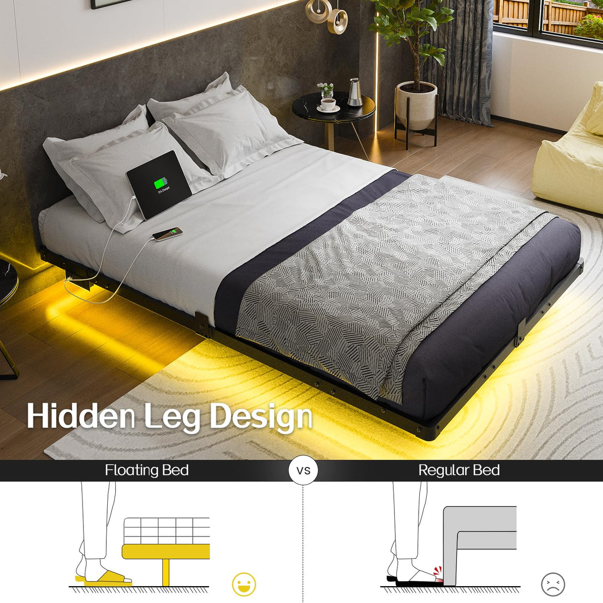 Full Size Modern Floating Bed Frame with Smart LED Lights, USB Charging Station, Sturdy Metal Platform, No Box Spring Needed, and Easy Assembly Liians