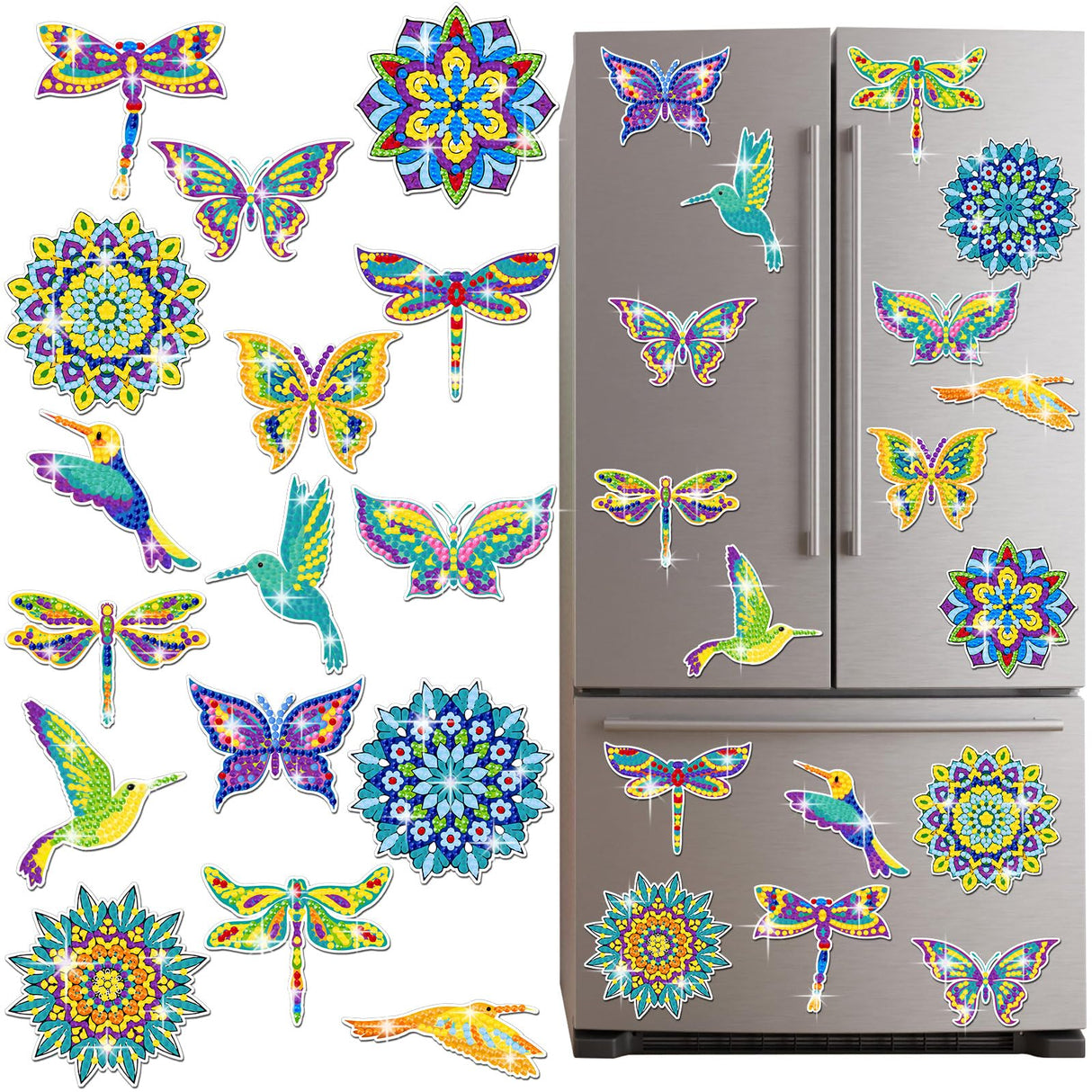 16 Pcs Summer Diamond Art Painting Magnets Butterfly Mandala Refrigerator Magnets Sticker Dragonfly Hummingbird Diamond Art Kits for Adults Summer Gift Fridge Copkim