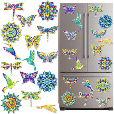 16 Pcs Summer Diamond Art Painting Magnets Butterfly Mandala Refrigerator Magnets Sticker Dragonfly Hummingbird Diamond Art Kits for Adults Summer Gift Fridge