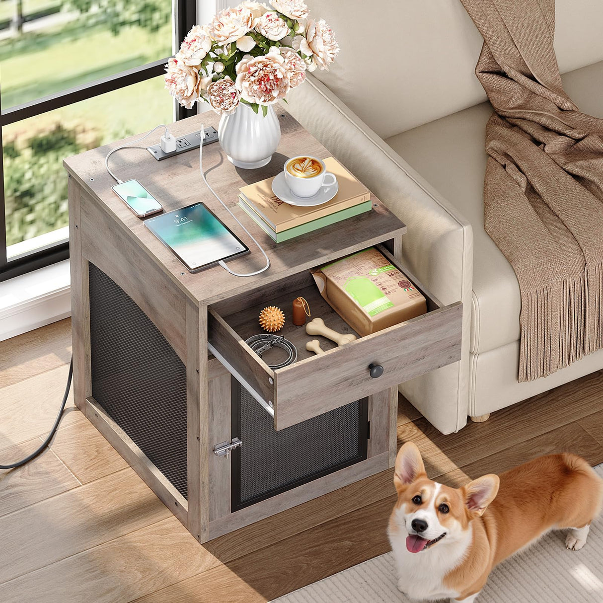 HOOBRO Dog Crate Furniture, Dog Kennel with Drawer and Charging Station, Indoor Decorative Puppy House, Wooden Pet Crate End Table for Small Dogs, Greige and Black BG58UGW03G1 HOOBRO