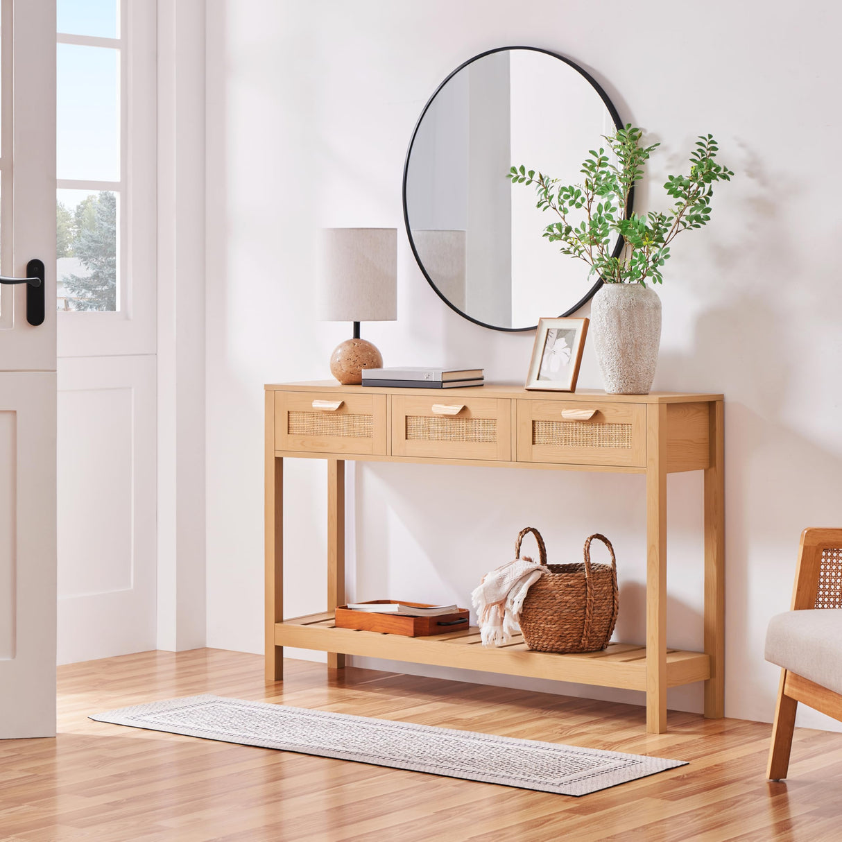 Yaheetech Rattan Console Table, Boho Entryway Table with Storage Drawers and Shelf, Long Hallway Table Foyer Table Sofa Table for Living Room, Corridor and Hallway, Natural Wood Yaheetech