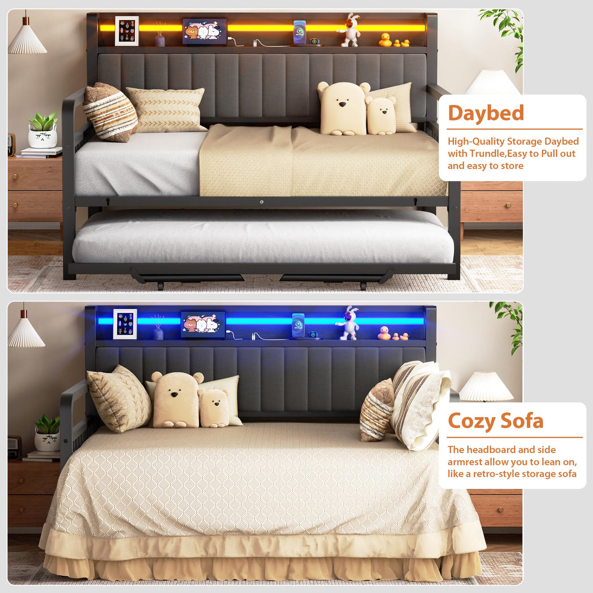 Daybed with Trundle and LED Light, Heavy Duty Metal Full Bed Frame with Upholstered Storage Headboard & Charging Station, Day Bed Pop Up Trundle Bed for Living Room,Bedroom and Guest Room, Black Jocoevol