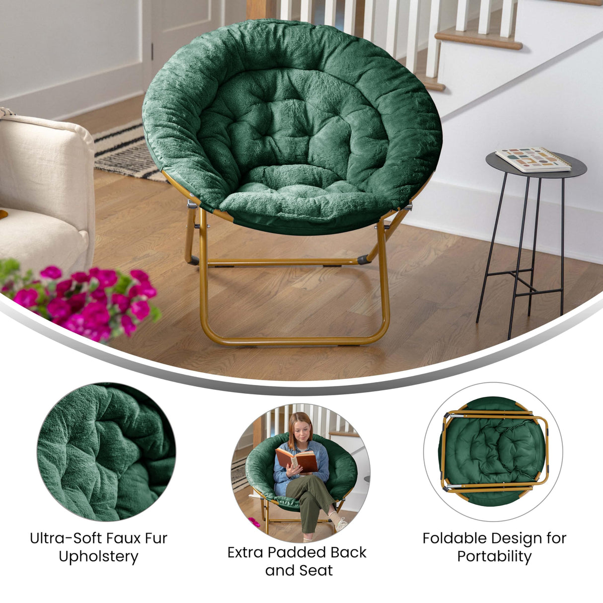 Flash Furniture Gwen Oversize Folding Saucer Chair - Emerald Faux Fur Moon Chair - Soft Gold Metal Frame - 38" Portable Folding Chair - for Dorm and Bedroom Flash Furniture