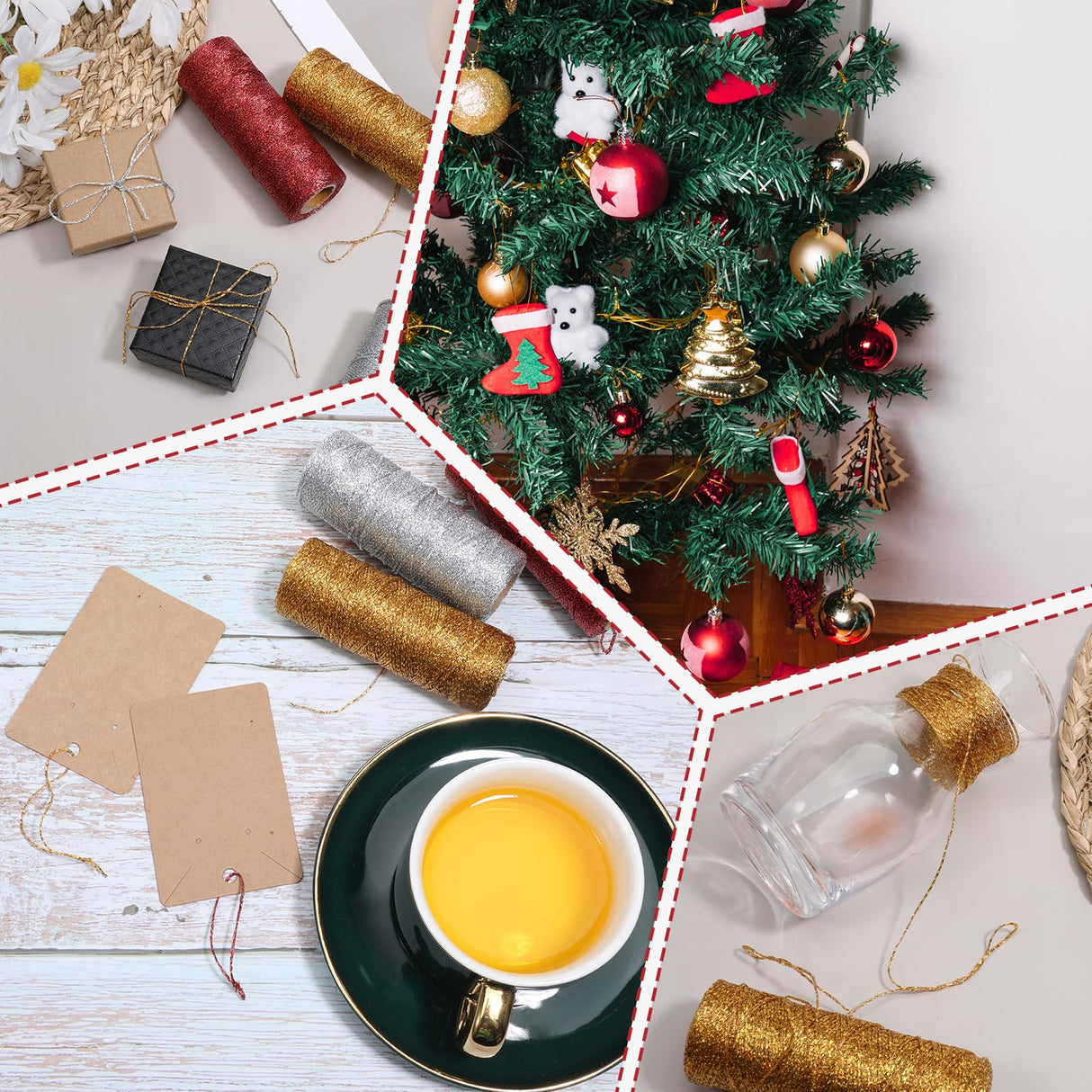 3 Rolls Christmas Decorative String Metallic Bakers String Wrapping Twine Strings Metallic Ornament Thread Glitter Strings for DIY Crafting Christmas Decor Gift Wrapping-Red/Gold/Silver DSLSQD