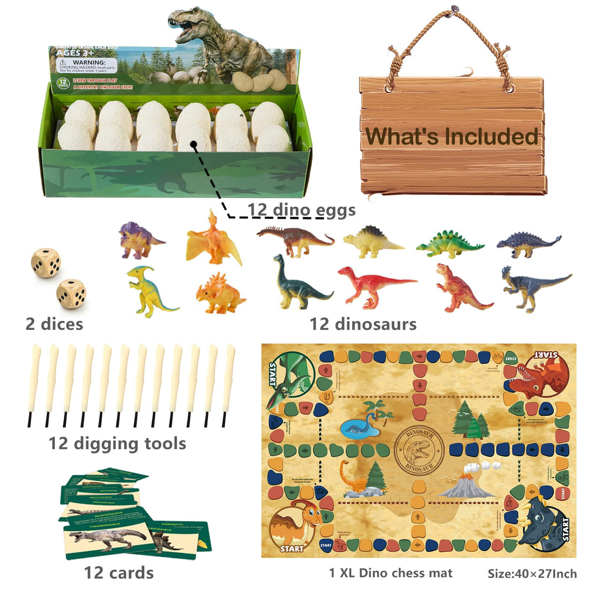 Dino Fossil Eggs Dinosaur Toys - 12 Dinosaur Eggs Dig Excavation Kit w Play Mat for Kids Ages 5-7 Easter Basket Essentials STEM Toy Christmas Birthday Gift for Boys Girls 3 4 5 6 7 8 + 8-13 Years Old Joyvalley